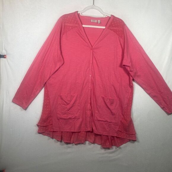 LOGO by Lori Goldstein Sweaters - LOGO Lori Goldstein Pink Mixed Media Ruffle Hem Cardigan Duster 1X